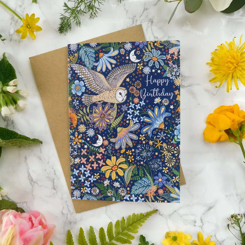 Happy Birthday Owl and Flowers Greetings Card