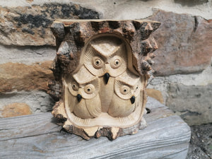 Trio Wooden Carved Owl in Tree