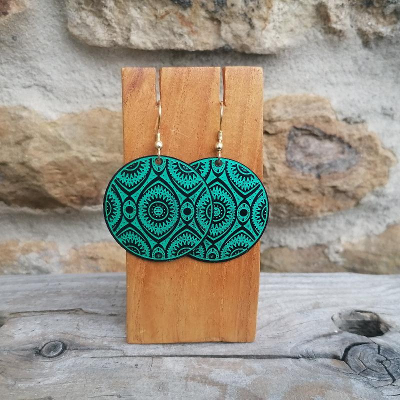 Turquoise Green Round Metal Disc Earrings