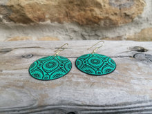 Turquoise Green Round Metal Disc Earrings