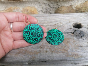 Turquoise Green Round Metal Disc Earrings