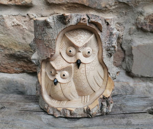 Duo Wooden Carved Owl in Tree