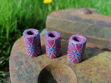 Burgundy, Blue & White Tile Cane Polymer Clay Dread Bead – 8mm Hole
