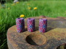 Burgundy, Blue & White Tile Cane Polymer Clay Dread Bead – 8mm Hole