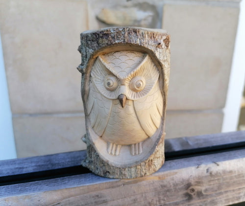 Small Wooden Owl in Round Tree