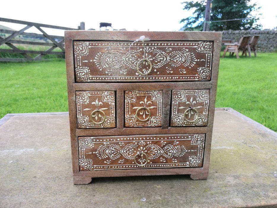 Natural Wooden 5 Drawer Chest, Fair Trade Trinket Box, Made in India, Available at wildflowertrading.com