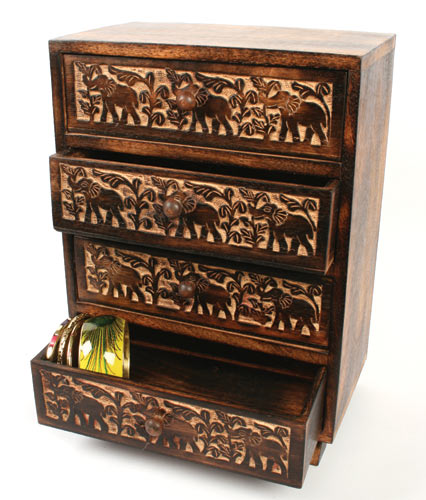 Elephant Carved Wooden 4 Drawer Chest