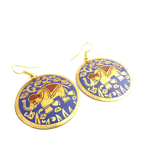 Purple Brass Elephant Round Disc Earrings