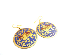 Purple Brass Elephant Round Disc Earrings
