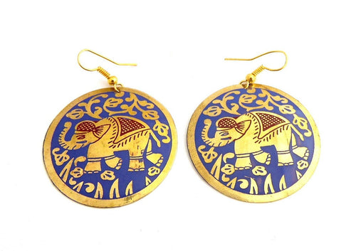 Purple Brass Elephant Round Disc Earrings