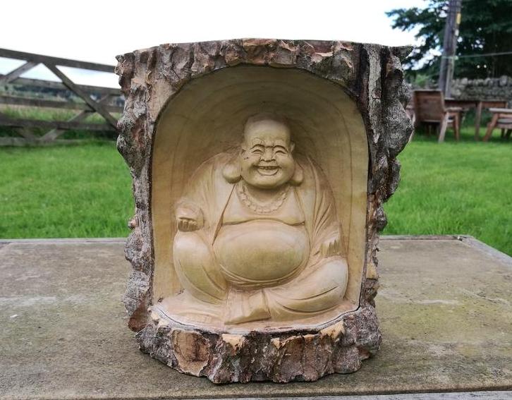 Chinese Laughing Buddha in Tree Carving