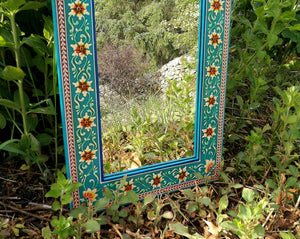Mirror Hand Painted Turquoise Floral Indian