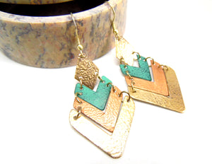 Teal and Copper V Shaped Tier Earrings