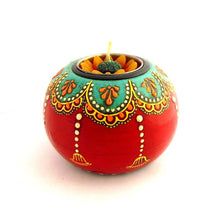 Hand Painted Wooden Tealight Holder, Red & Teal