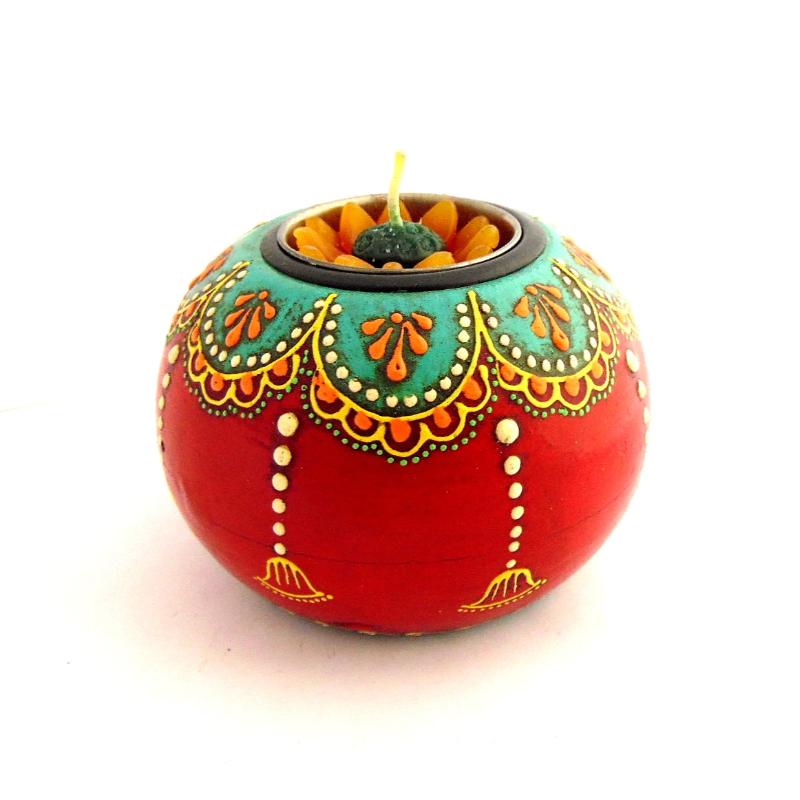 Hand Painted Wooden Tealight Holder, Red & Teal