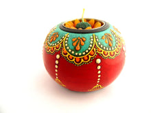 Hand Painted Wooden Tealight Holder, Red & Teal