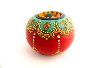 Hand Painted Wooden Tealight Holder, Red & Teal