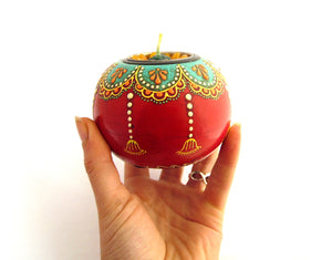 Hand Painted Wooden Tealight Holder, Red & Teal