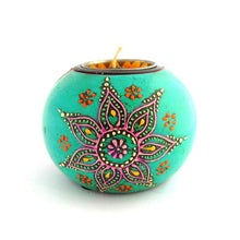 Wooden Hand Painted Tealight Holder, Turquoise Teal