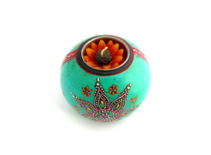 Wooden Hand Painted Tealight Holder, Turquoise Teal