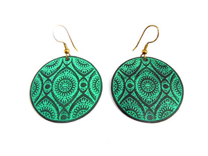 Turquoise Green Round Metal Disc Earrings